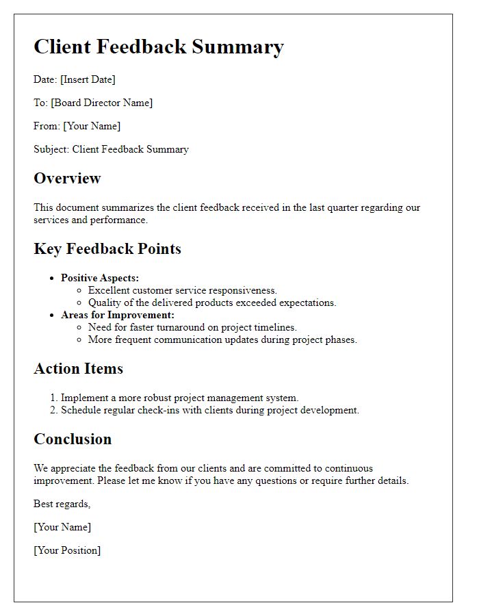 Letter template of board director client feedback summary