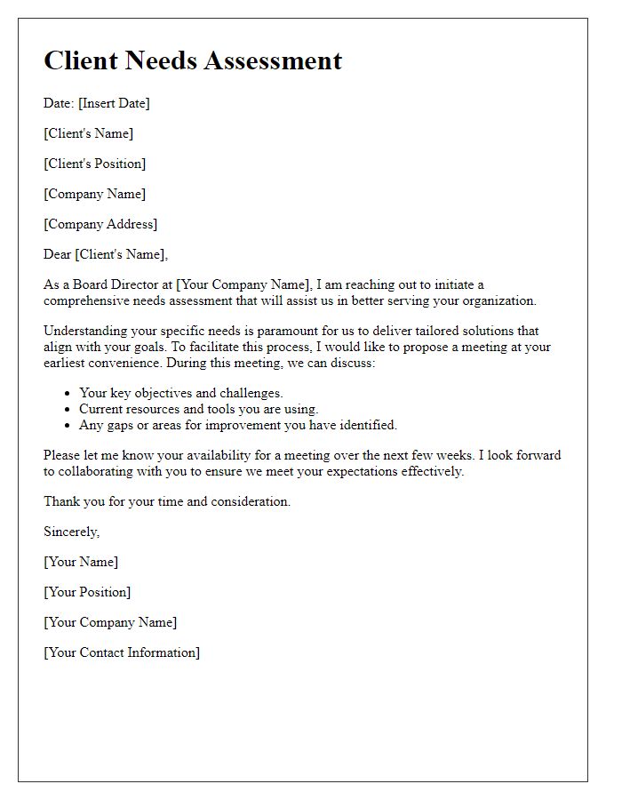 Letter template of board director client needs assessment