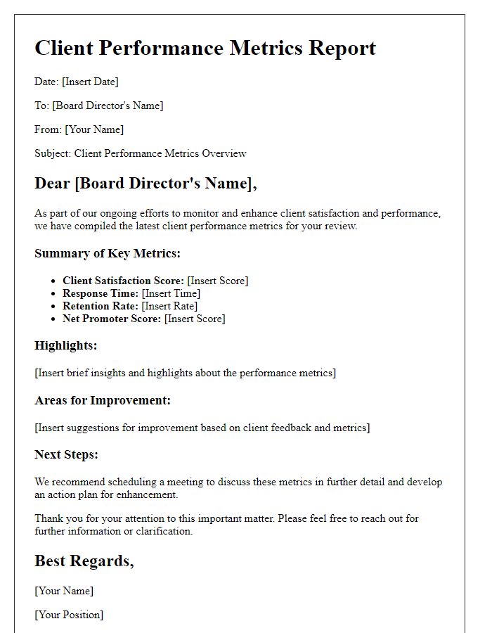 Letter template of board director client performance metrics