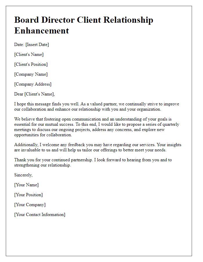 Letter template of board director client relationship enhancement