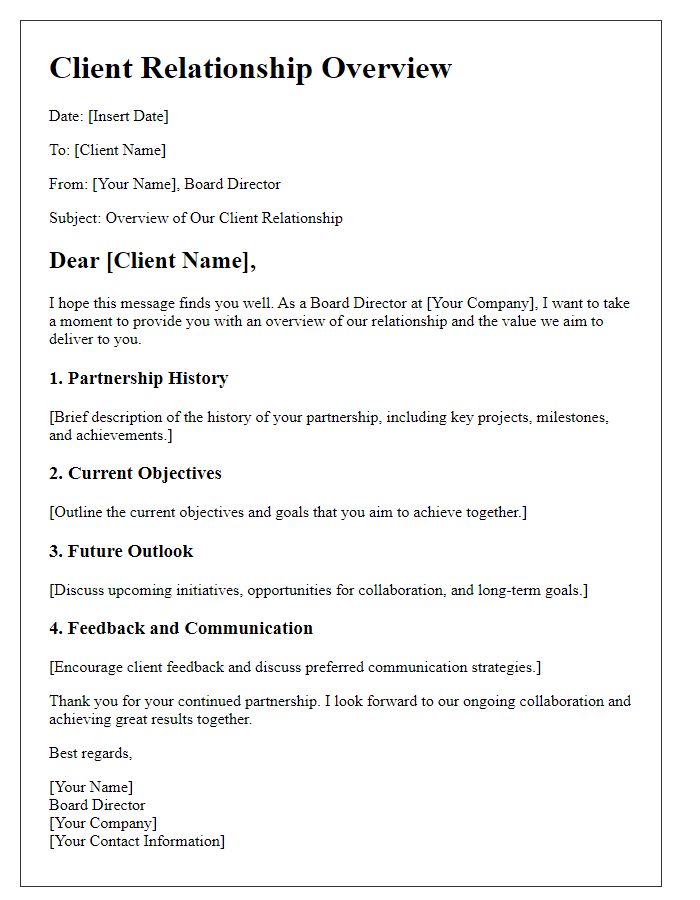 Letter template of board director client relationship overview