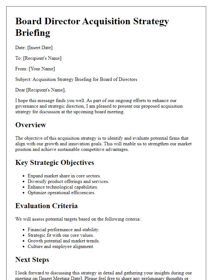 Letter template of board director acquisition strategy briefing