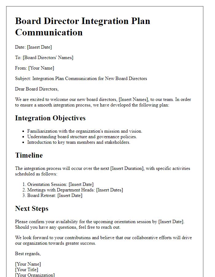 Letter template of board director integration plan communication