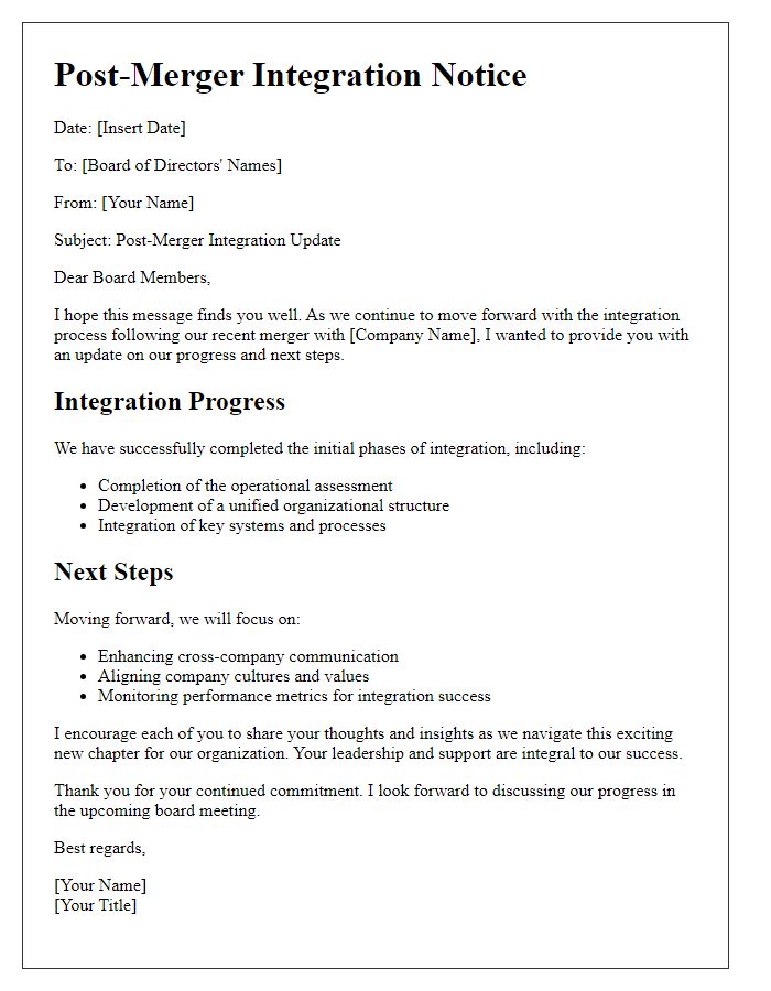 Letter template of board director post-merger integration notice