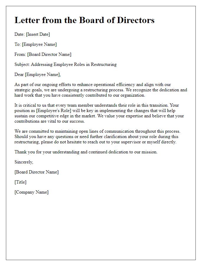 Letter template of board director addressing employee roles in restructuring