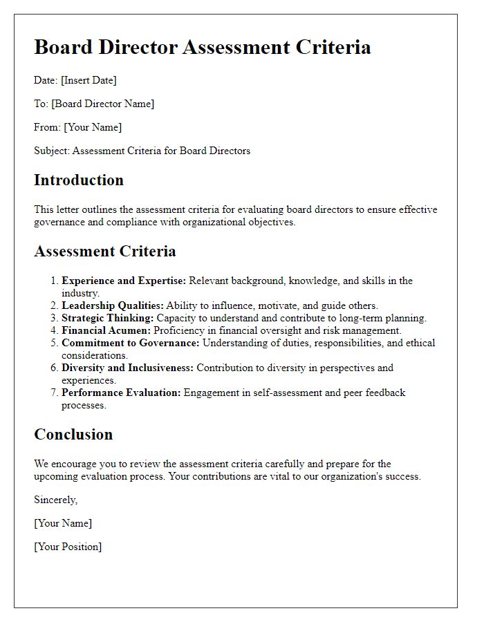 Letter template of board director assessment criteria