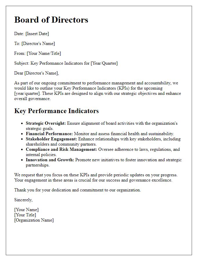 Letter template of board director key performance indicators