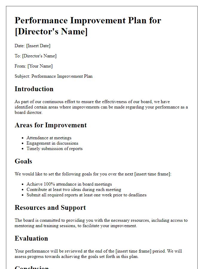 Letter template of board director performance improvement plan