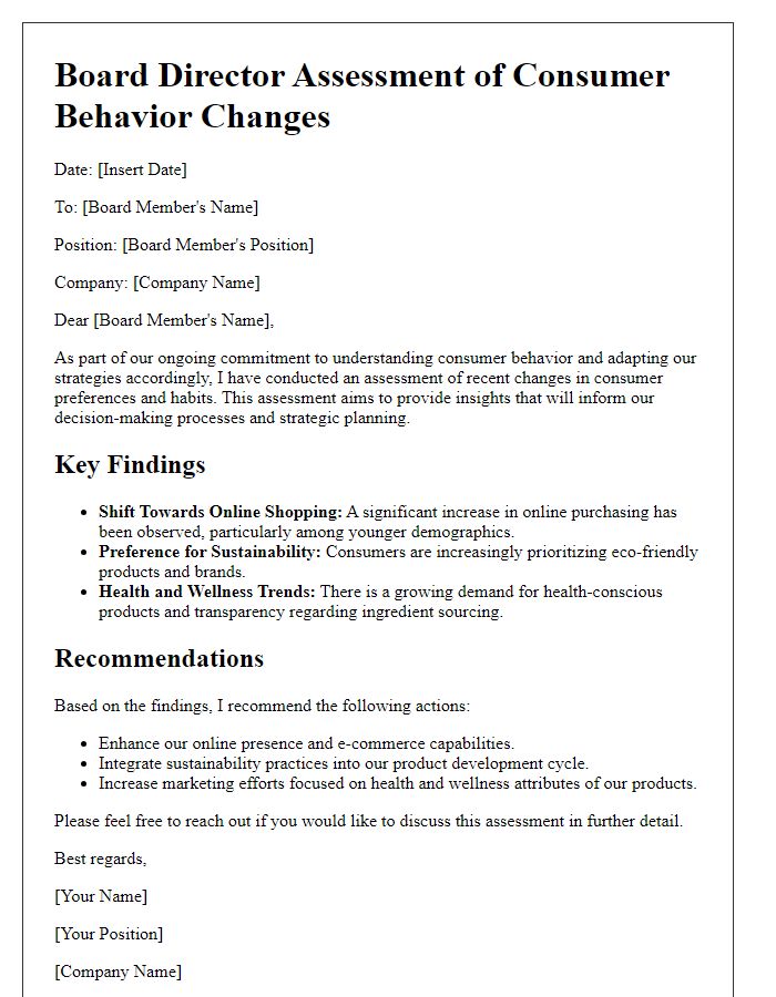 Letter template of board director assessment of consumer behavior changes