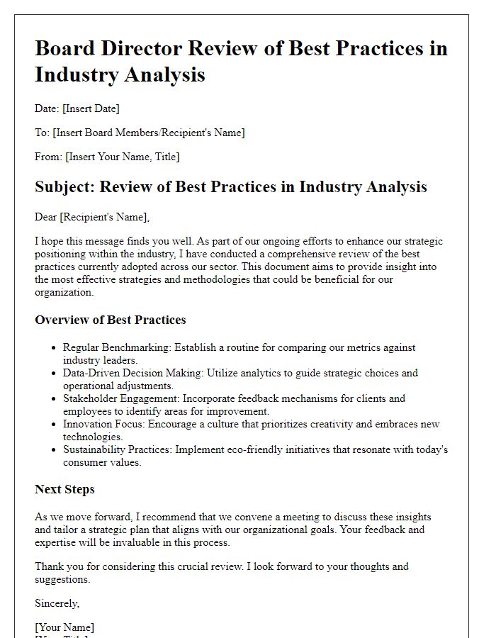 Letter template of board director review of best practices in industry analysis