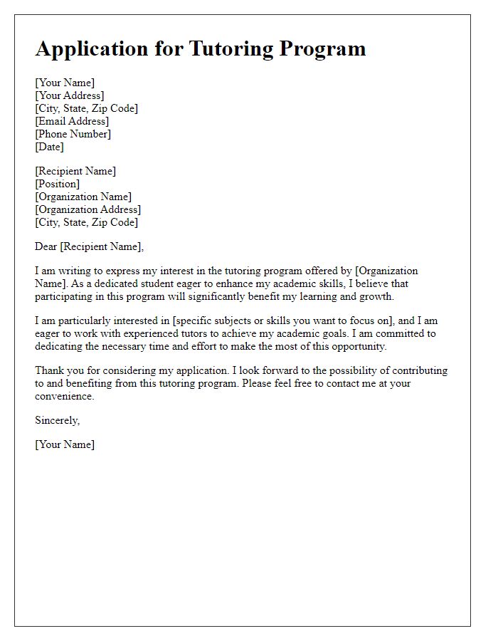 Letter template of application for a tutoring program