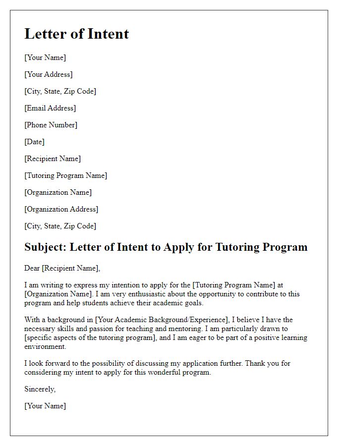 Letter template of intention to apply for a tutoring program