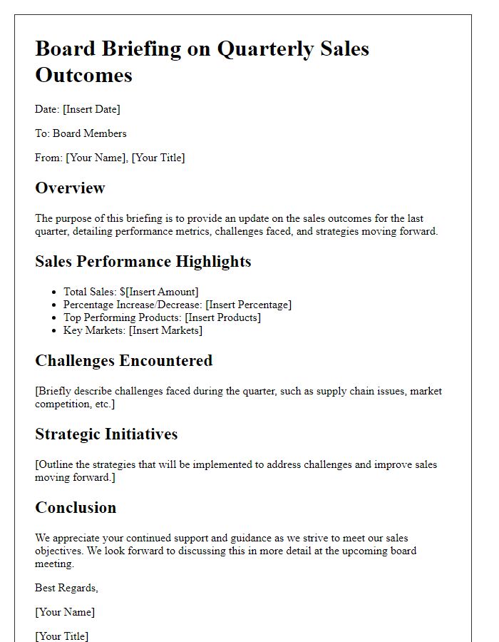 Letter template of board briefing on quarterly sales outcomes.