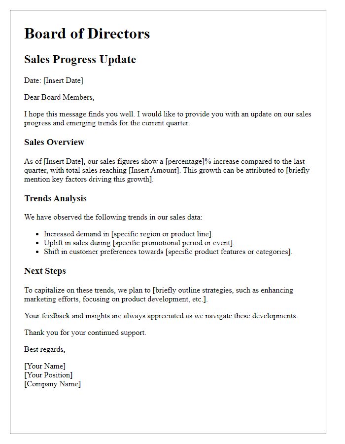 Letter template of board update on sales progress and trends.