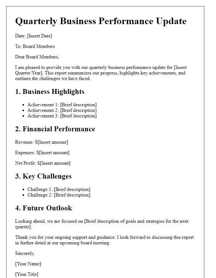 Letter template of quarterly business performance update for board members