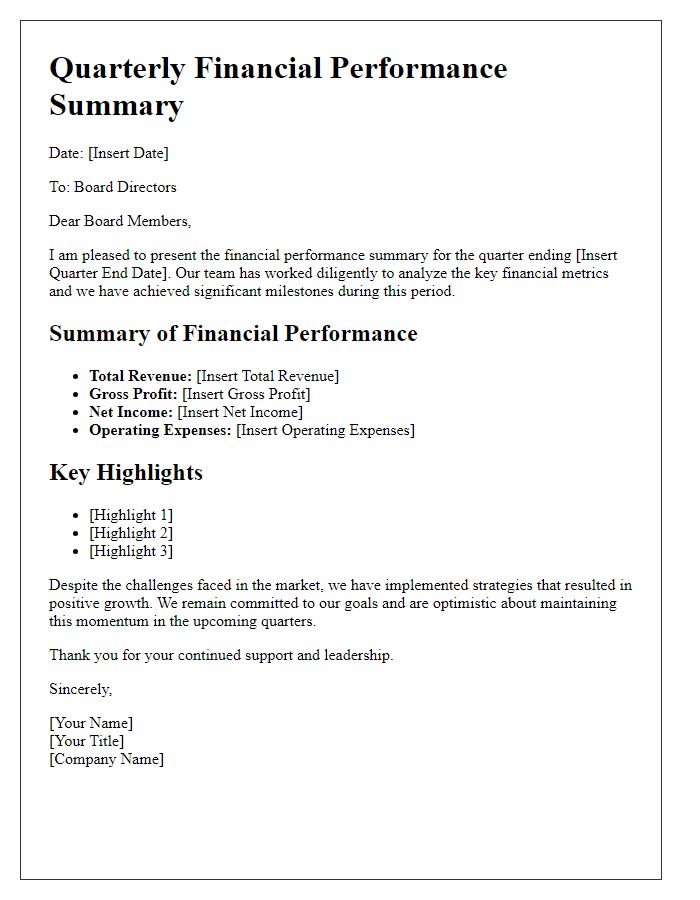 Letter template of quarterly financial performance summary for board directors.