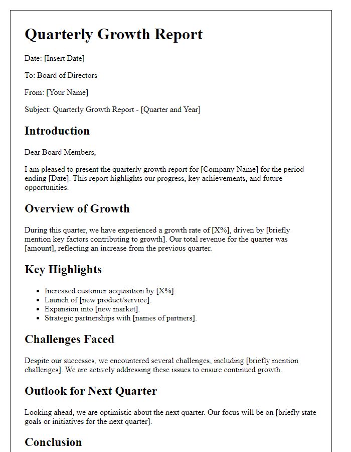 Letter template of quarterly growth report for board leadership