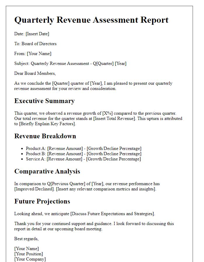 Letter template of quarterly revenue assessment for board directors