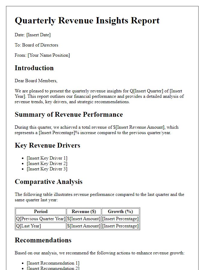 Letter template of quarterly revenue insights for the board of directors.