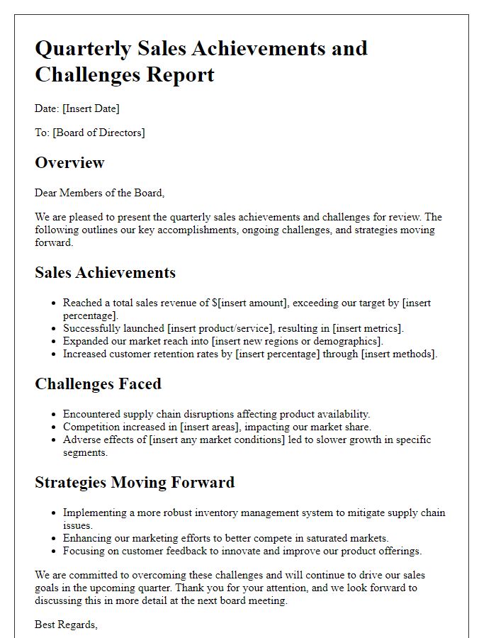 Letter template of quarterly sales achievements and challenges for board review.