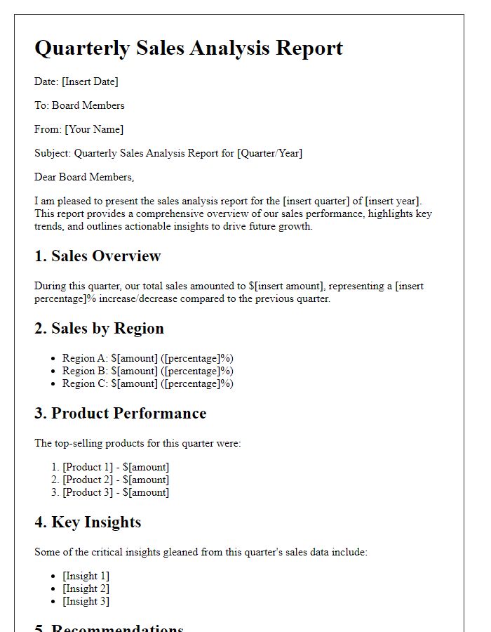 Letter template of quarterly sales analysis report for board members.