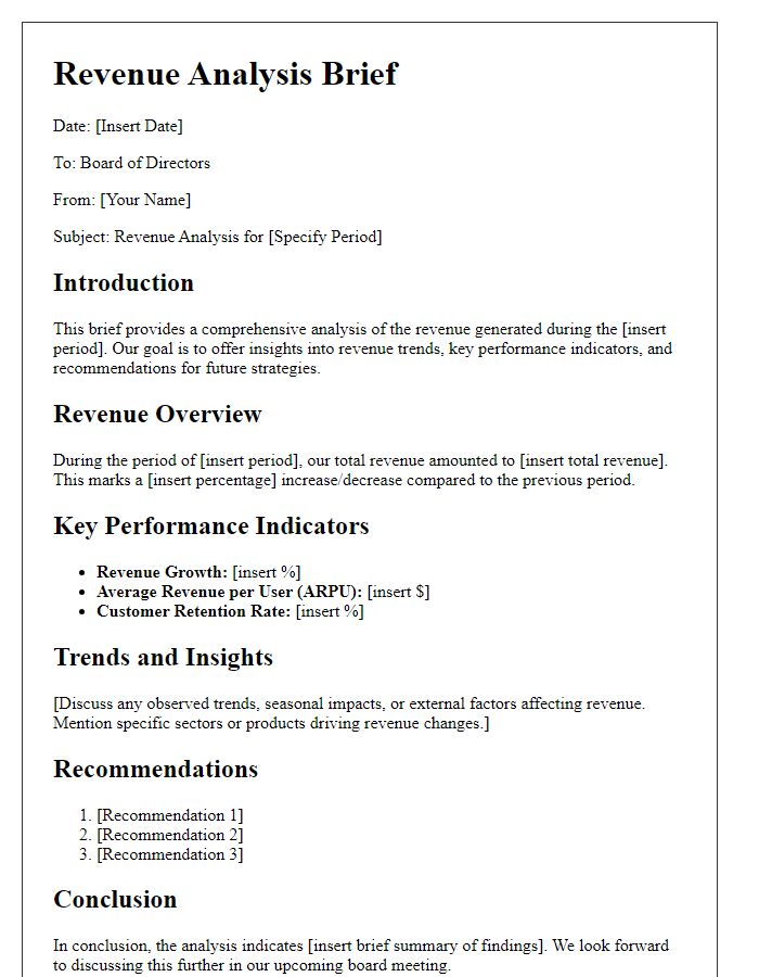 Letter template of revenue analysis brief for board of directors