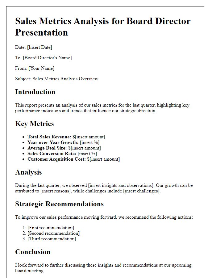 Letter template of sales metrics analysis for board director presentation