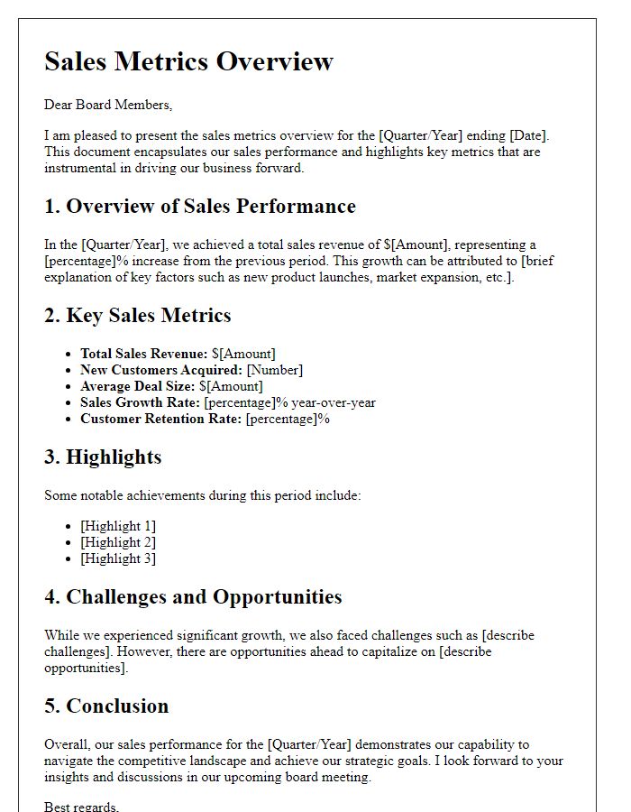 Letter template of sales metrics overview for the board of directors.