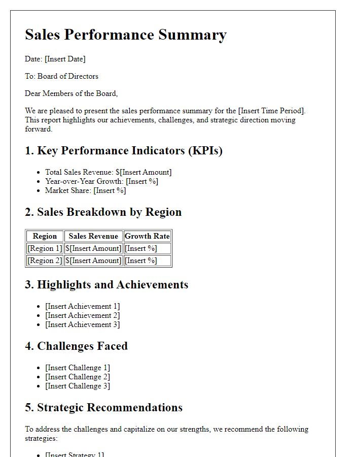 Letter template of sales performance summary for board of directors