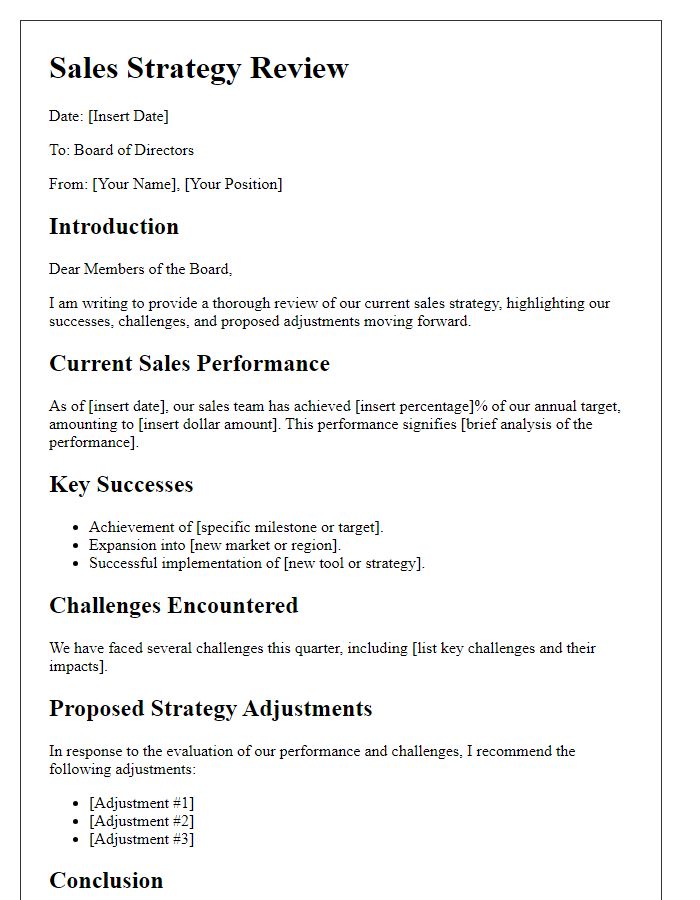 Letter template of sales strategy review for the board of directors.