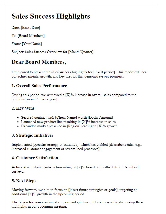 Letter template of sales success highlights for board overview