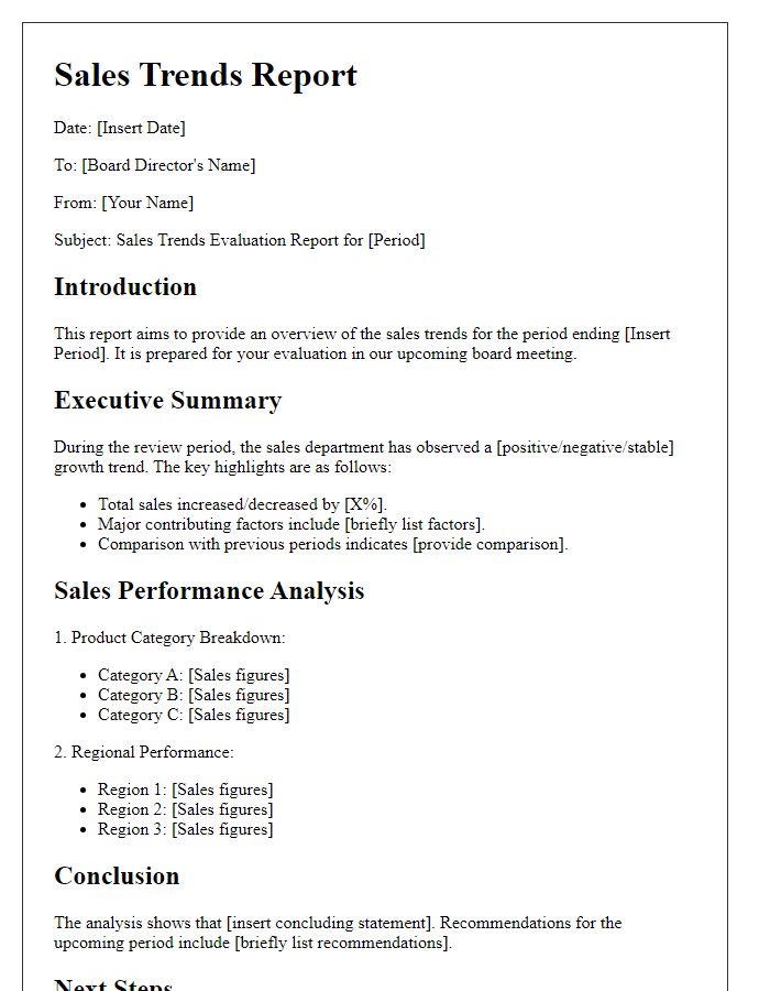 Letter template of sales trends report for board director evaluation