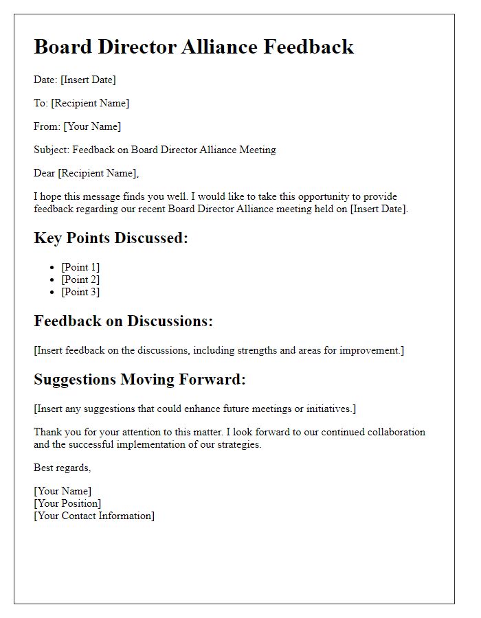 Letter template of board director alliance feedback