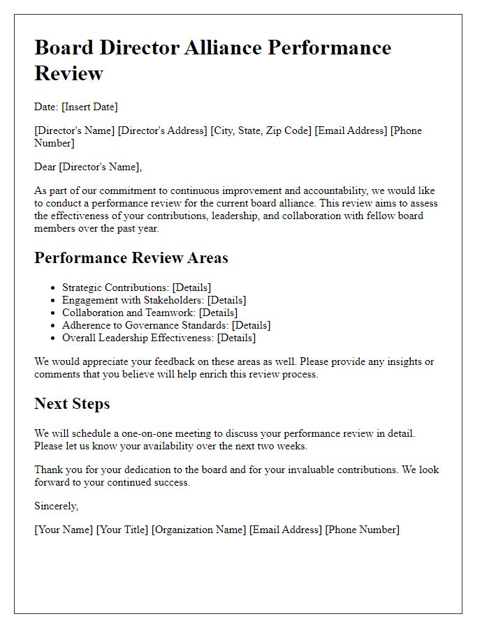 Letter template of board director alliance performance review