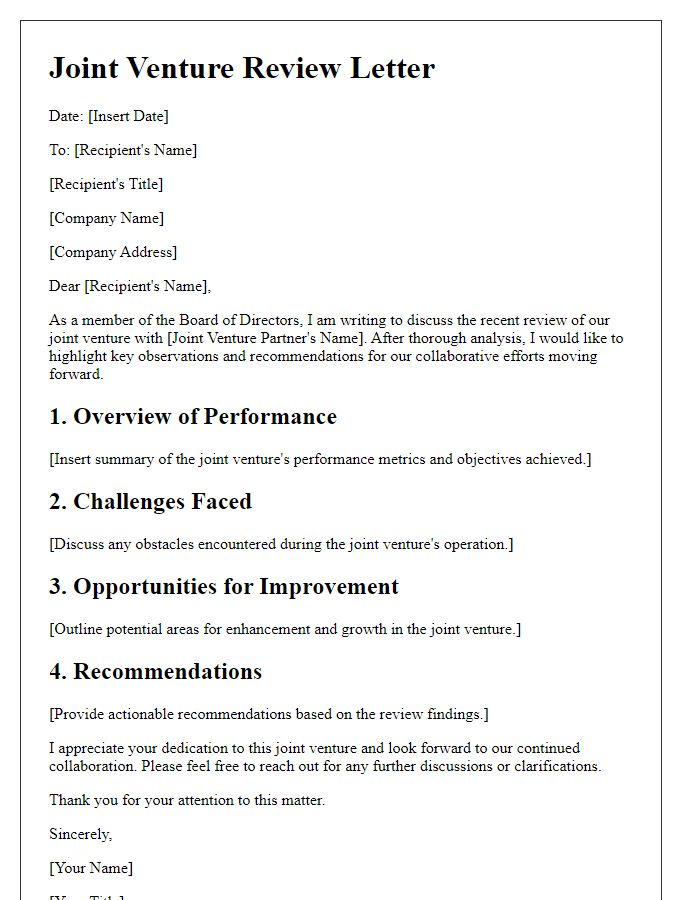 Letter template of board director joint venture review