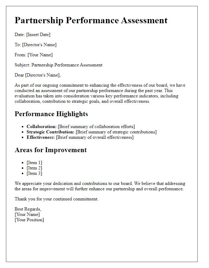 Letter template of board director partnership performance assessment