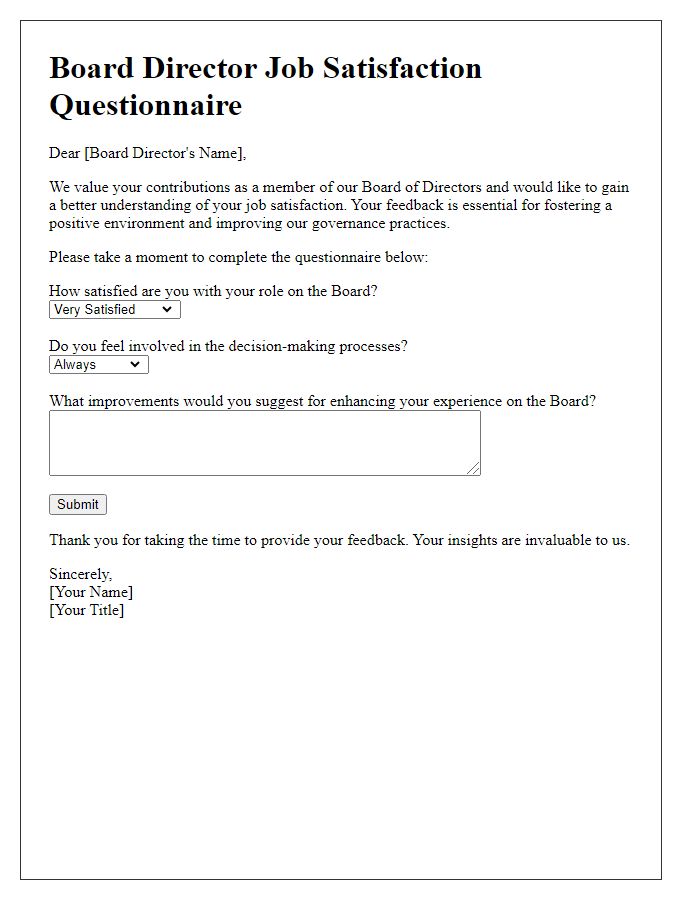 Letter template of Board Director Job Satisfaction Questionnaire