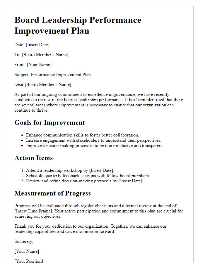 Letter template of Board Leadership Performance Improvement Plan