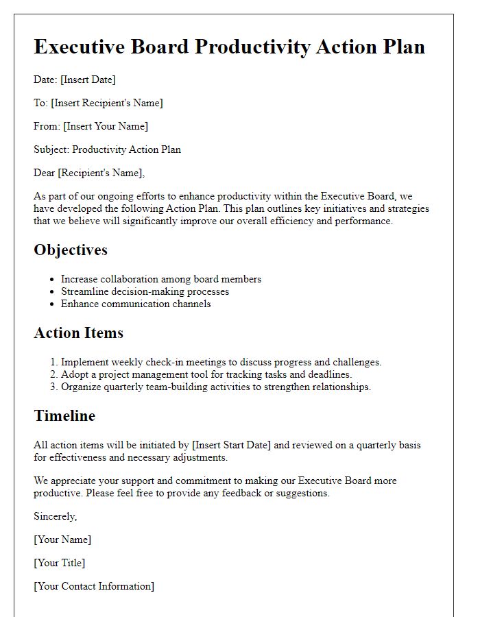 Letter template of Executive Board Productivity Action Plan