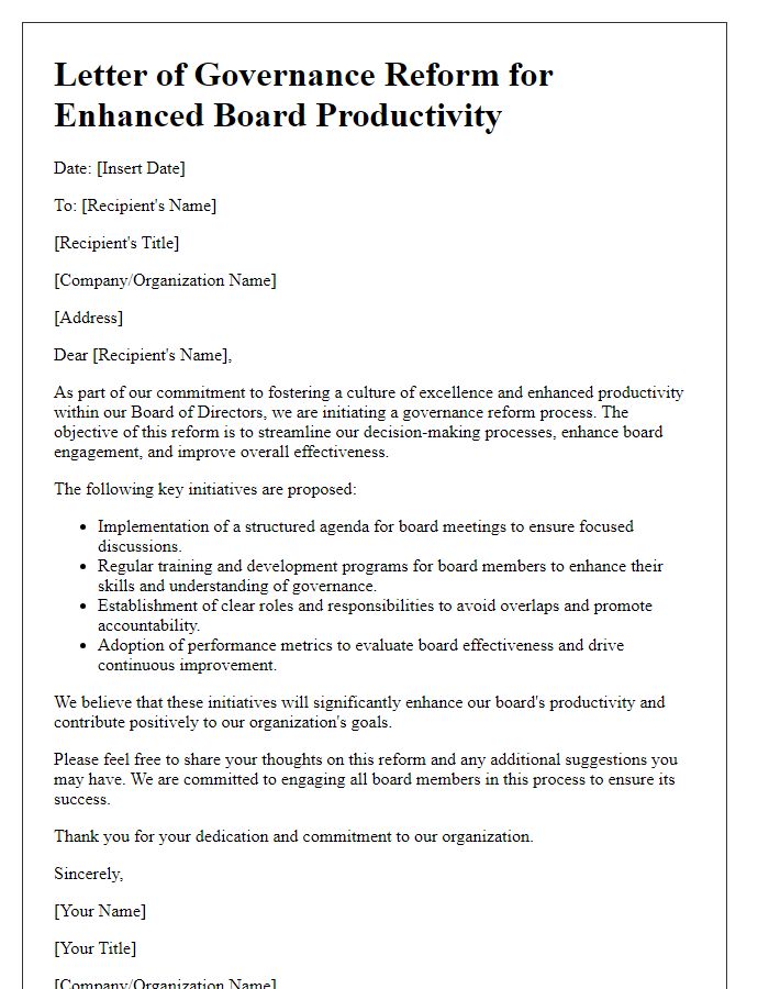 Letter template of Governance Reform for Enhanced Board Productivity