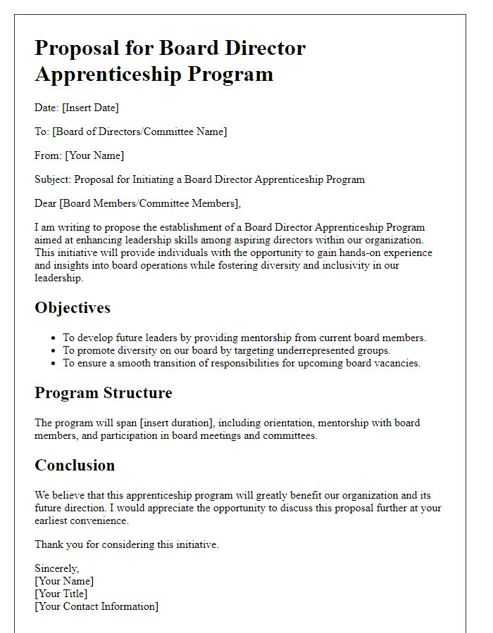 Letter template of board director apprenticeship program initiative proposal