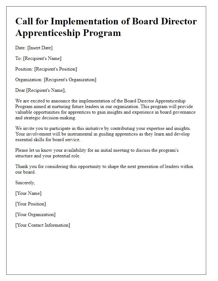 Letter template of call for board director apprenticeship program implementation