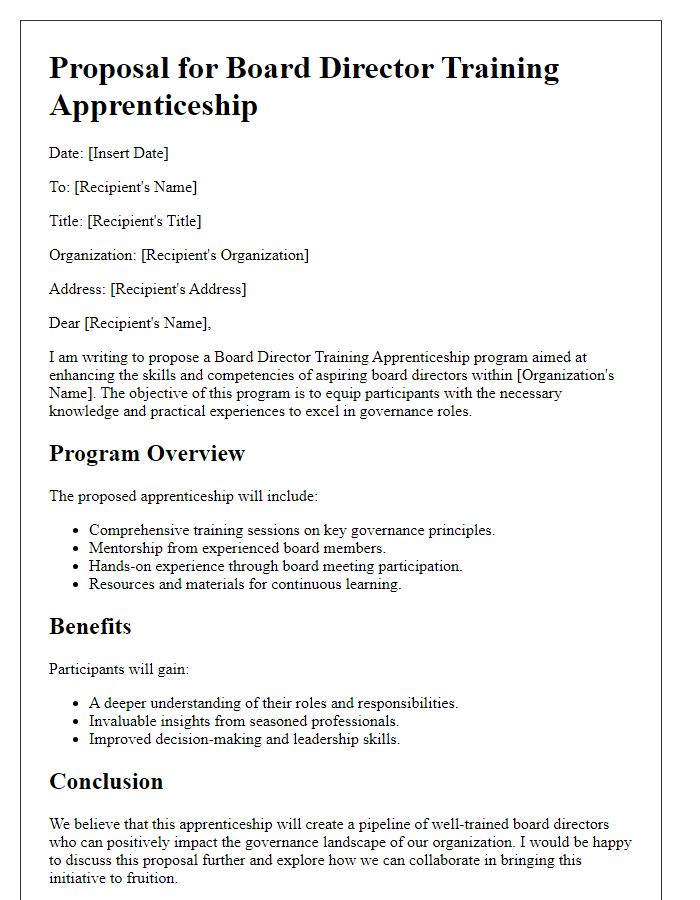 Letter template of proposal for board director training apprenticeship