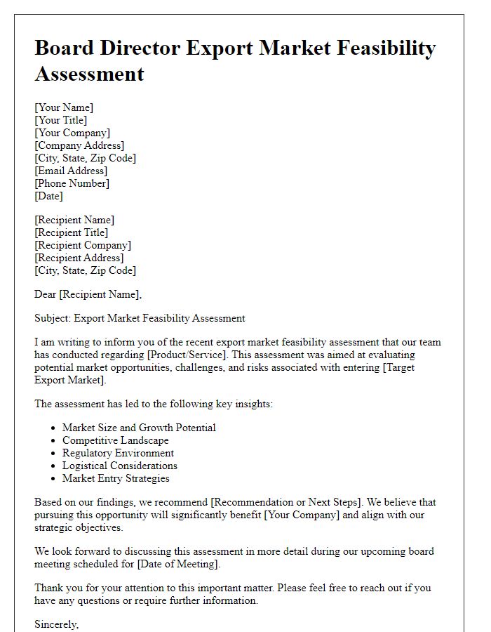 Letter template of board director export market feasibility assessment.