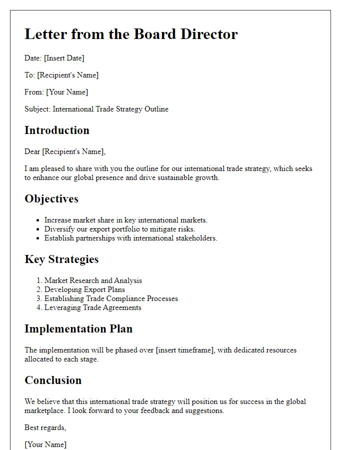 Letter template of board director international trade strategy outline.