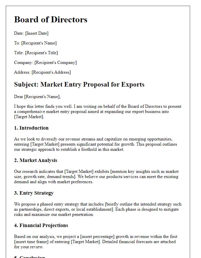 Letter template of board director market entry proposal for exports.