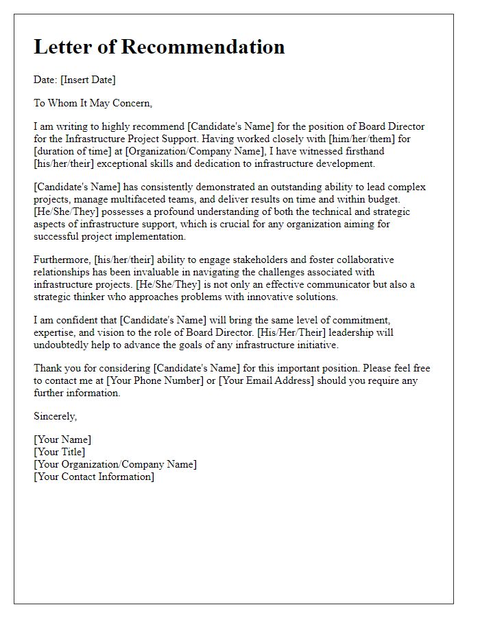 Letter template of recommendation for board director infrastructure project support