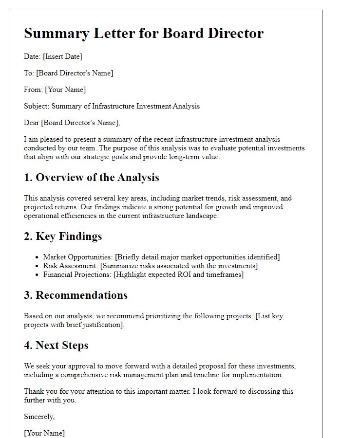 Letter template of summary for board director infrastructure investment analysis