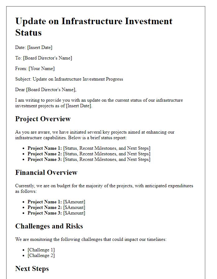 Letter template of update for board director infrastructure investment status