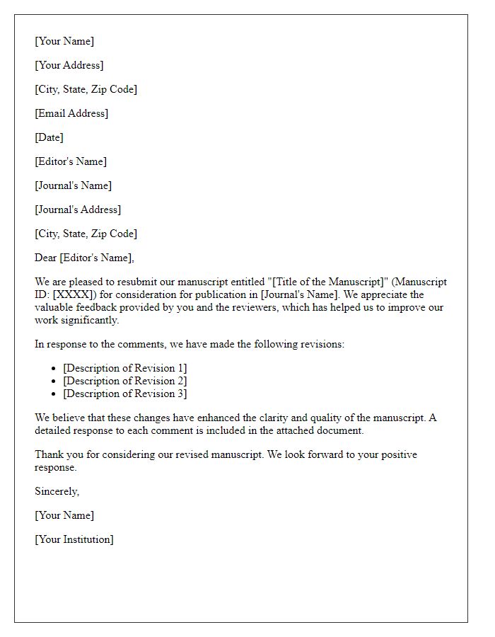 Letter template of revised manuscript resubmission to journal.